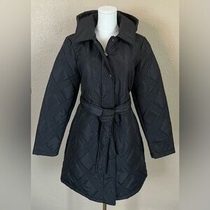 Jones New York Black Quilted Hooded Belted Coat Jacket Style - Size M